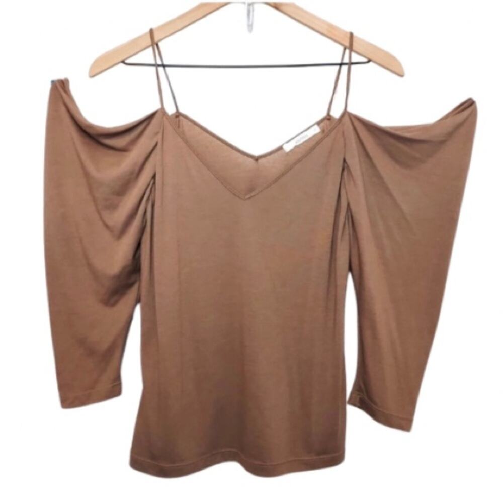 H&M Clothes Brown Off Shoulder Draped Sleeve Spaghetti Strap Blouse Top Medium